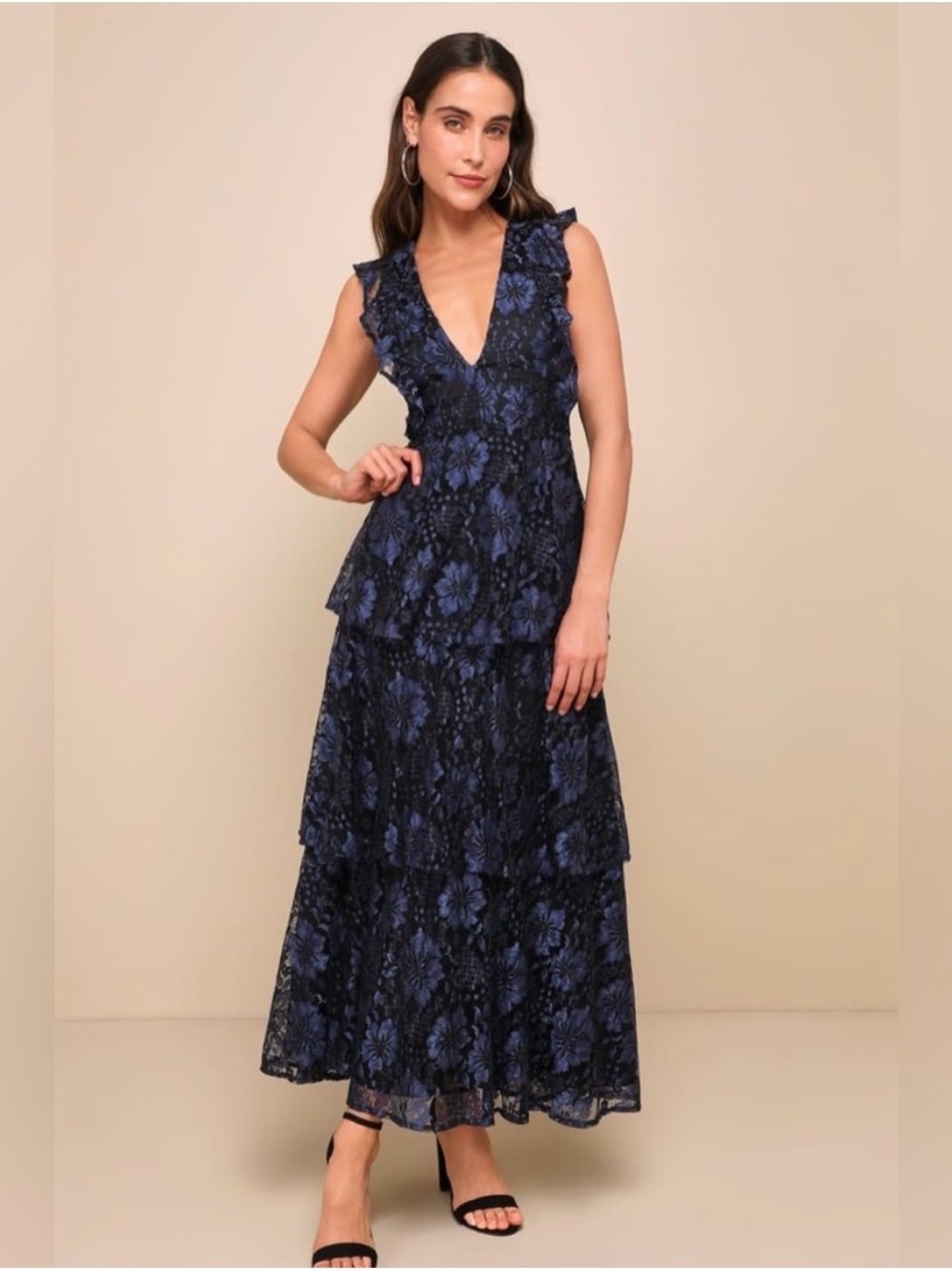 Lulu’s Molinetto Navy Blue Lace Ruffled Tiered Sleeveless Maxi Dress